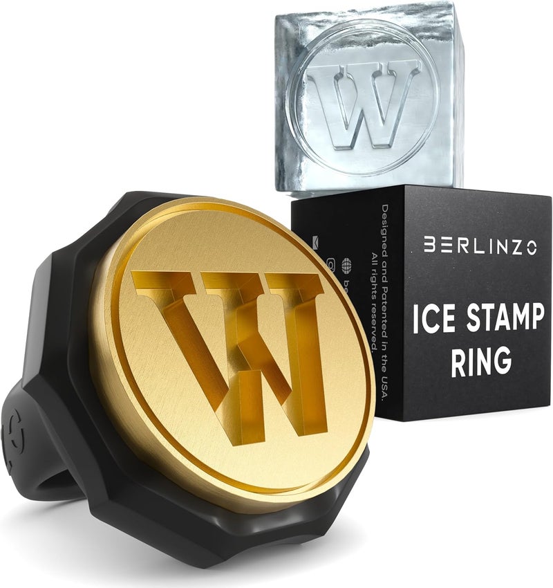 BERLINZO Ice Stamp Ring for Cube & Sphere - Custom Ice Cubes for Whiskey, Mojito Cocktails – W Letter Shaped Brass Ice Stamp w/ 3mm Depth - Black - Image 1